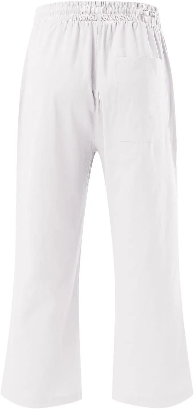 Cropped Linen Pants Women Petite Drawstring Elastic Waist Wide Leg Cropped Trousers 3/4 Length Pants with Pockets