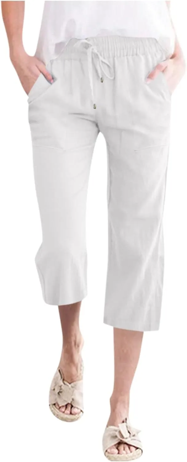 Cropped Linen Pants Women Petite Drawstring Elastic Waist Wide Leg Cropped Trousers 3/4 Length Pants with Pockets