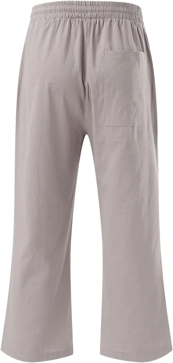 Cropped Linen Pants Women Petite Drawstring Elastic Waist Wide Leg Cropped Trousers 3/4 Length Pants with Pockets