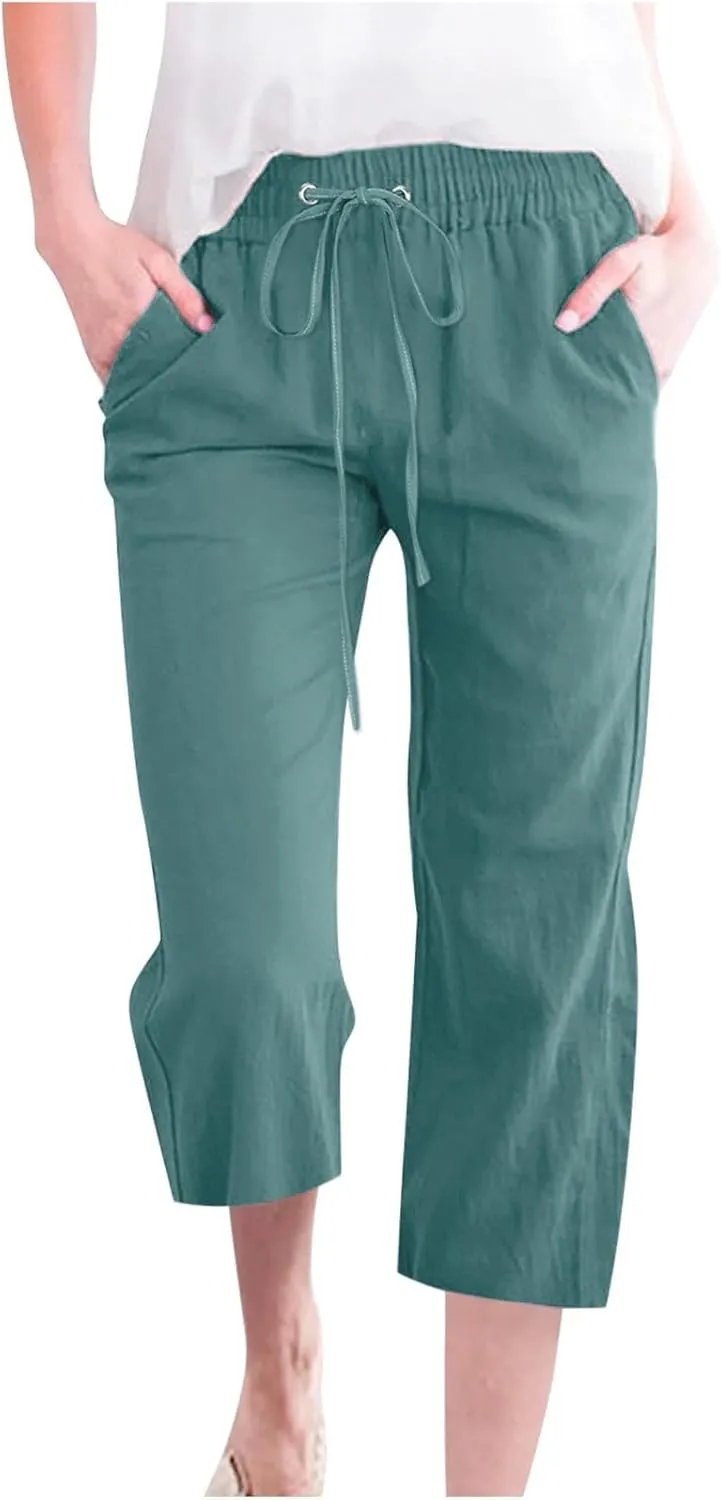 Cropped Linen Pants Women Petite Drawstring Elastic Waist Wide Leg Cropped Trousers 3/4 Length Pants with Pockets