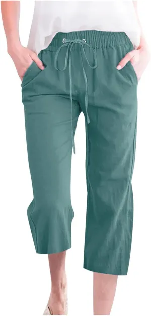 Cropped Linen Pants Women Petite Drawstring Elastic Waist Wide Leg Cropped Trousers 3/4 Length Pants with Pockets