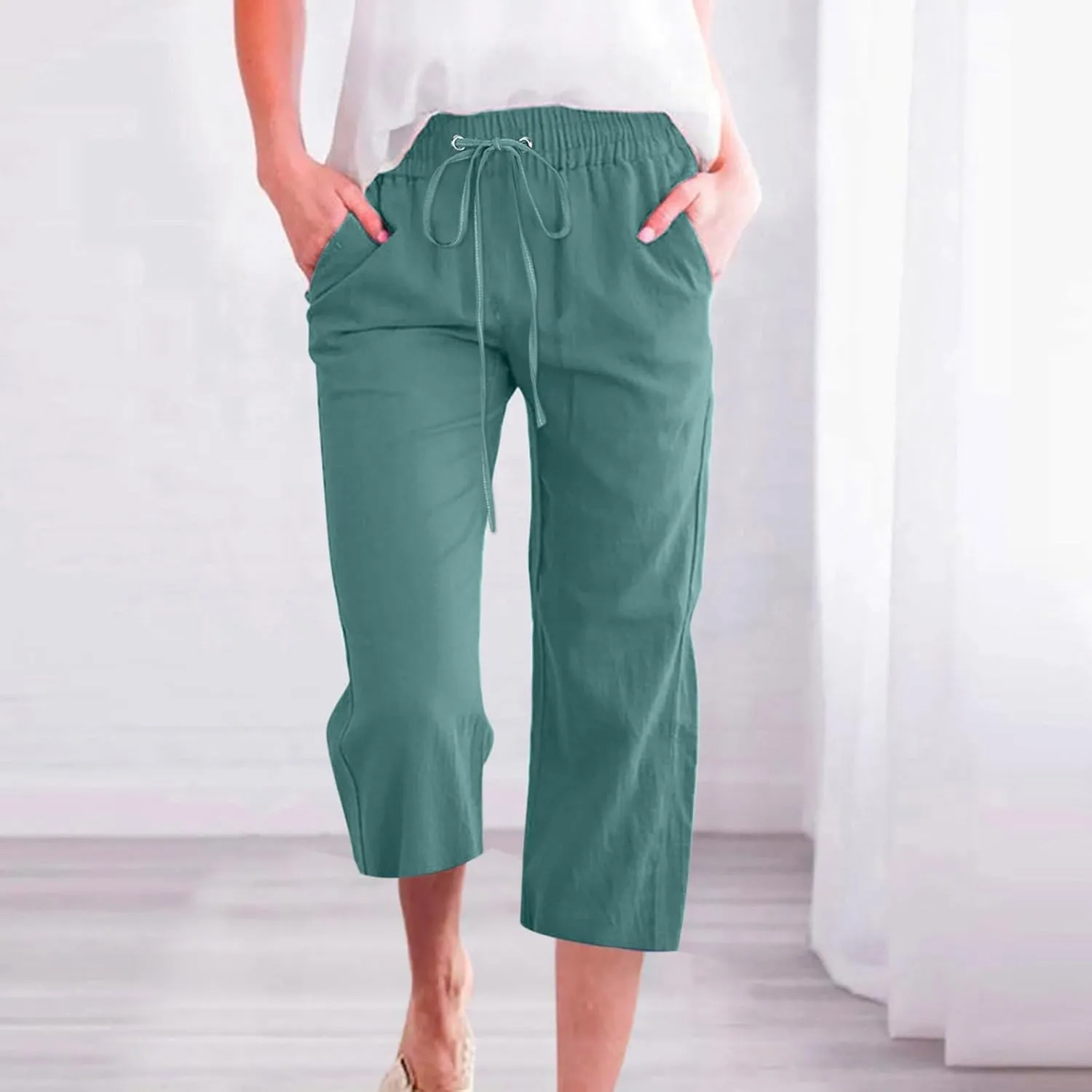 Cropped Linen Pants Women Petite Drawstring Elastic Waist Wide Leg Cropped Trousers 3/4 Length Pants with Pockets