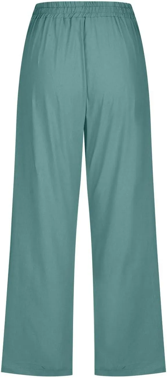 Cropped Linen Pants Women Petite Drawstring Elastic Waist Wide Leg Cropped Trousers 3/4 Length Pants with Pockets