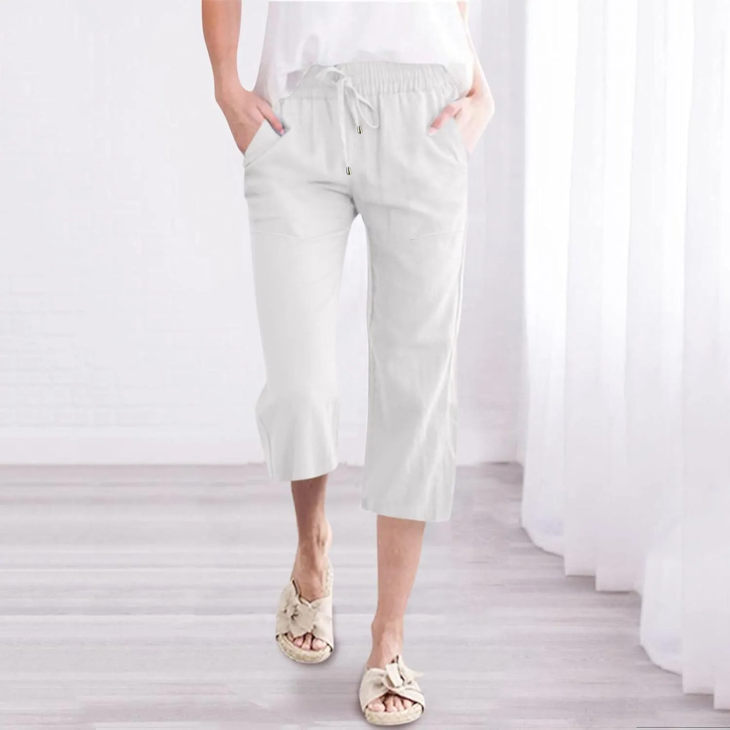 Cropped Linen Pants Women Petite Drawstring Elastic Waist Wide Leg Cropped Trousers 3/4 Length Pants with Pockets