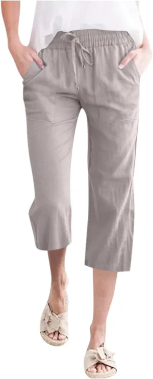 Cropped Linen Pants Women Petite Drawstring Elastic Waist Wide Leg Cropped Trousers 3/4 Length Pants with Pockets