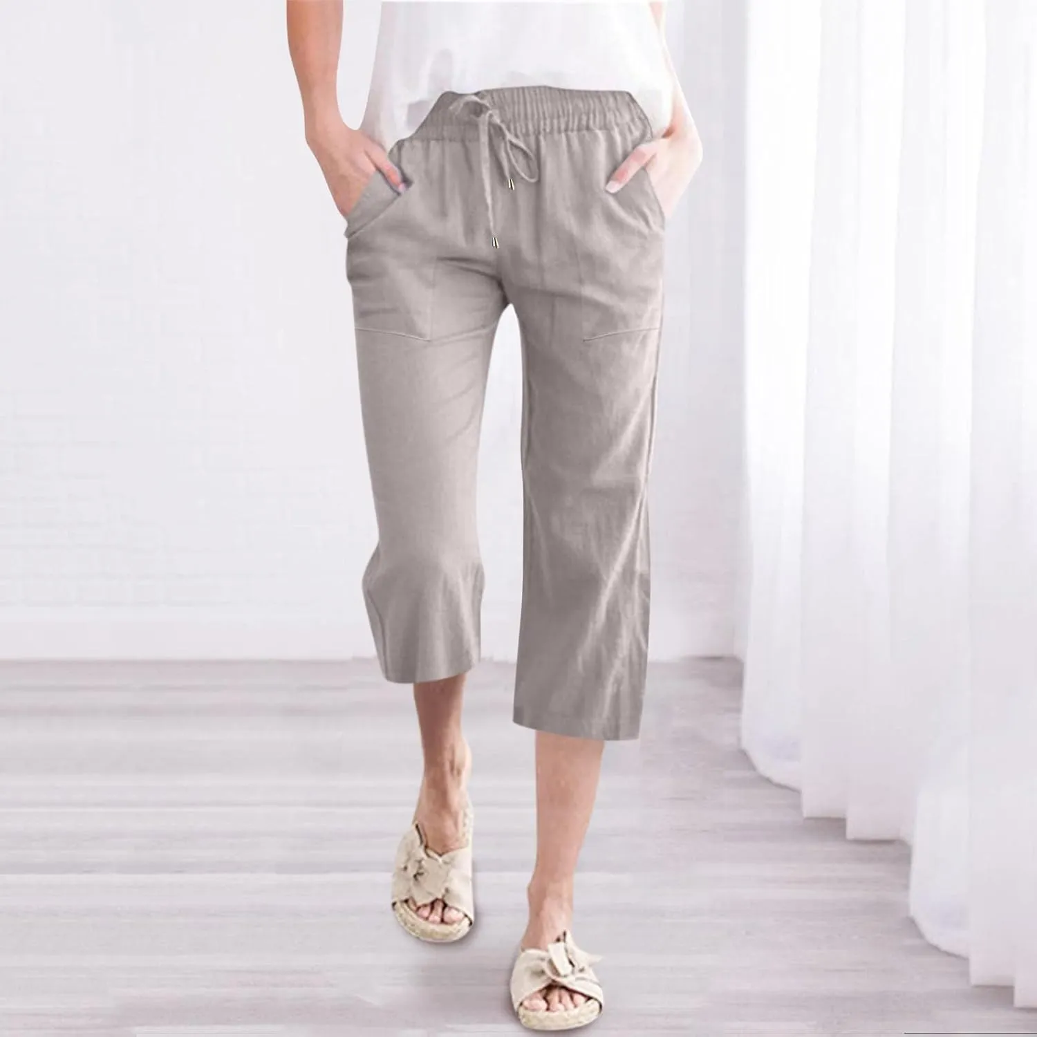 Cropped Linen Pants Women Petite Drawstring Elastic Waist Wide Leg Cropped Trousers 3/4 Length Pants with Pockets