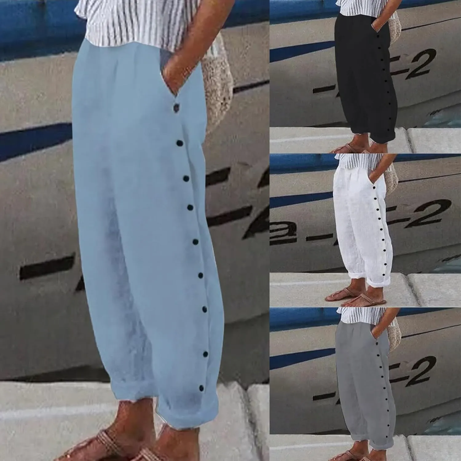 Cropped Linen Pants Women Summer Casual Elastic Waist Pants Baggy Wide Leg Crop Pants Side Button Down Capri Pants