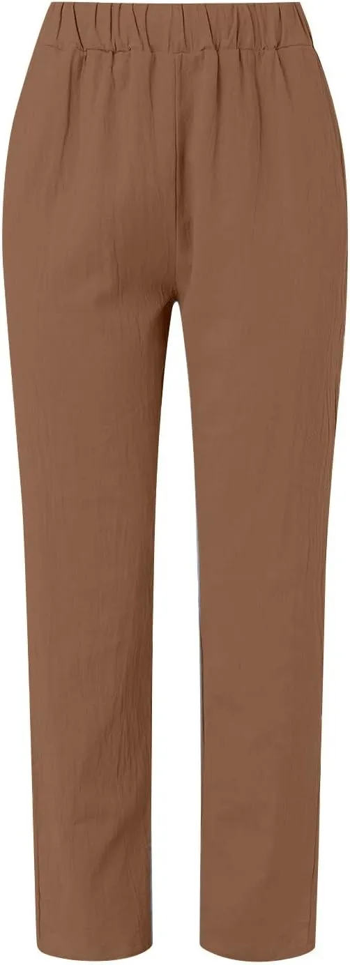 Cropped Linen Pants Women Summer Casual Elastic Waist Pants Baggy Wide Leg Crop Pants Side Button Down Capri Pants