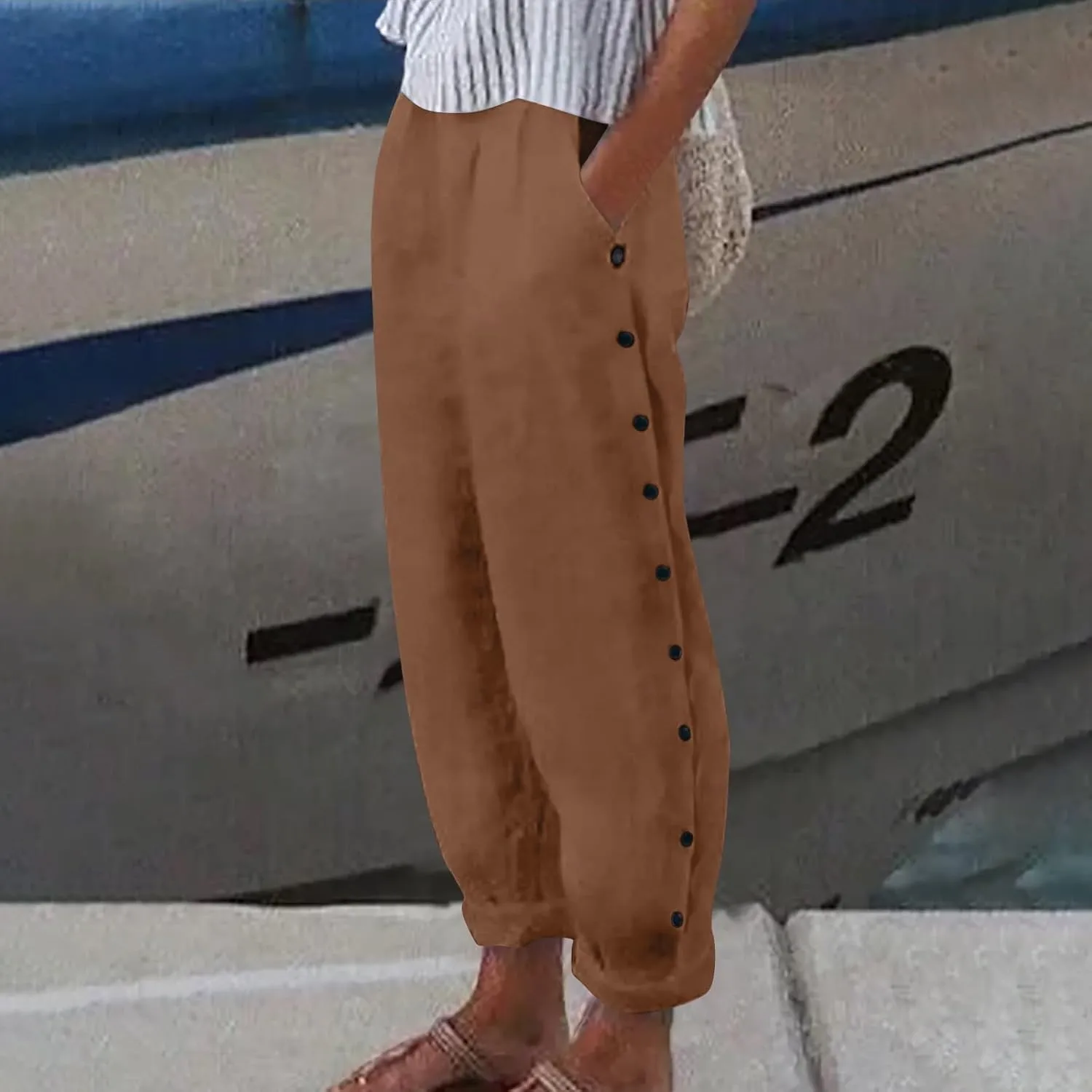 Cropped Linen Pants Women Summer Casual Elastic Waist Pants Baggy Wide Leg Crop Pants Side Button Down Capri Pants