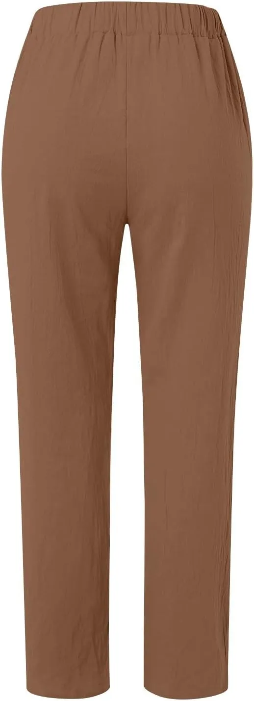 Cropped Linen Pants Women Summer Casual Elastic Waist Pants Baggy Wide Leg Crop Pants Side Button Down Capri Pants