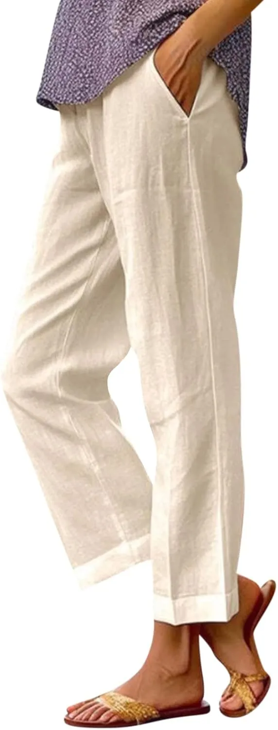 Cropped Linen Pants Women Summer Petite Plus Size Capri Pants Elastic Wide Leg Crop Pants Beach Trousers with Pockets