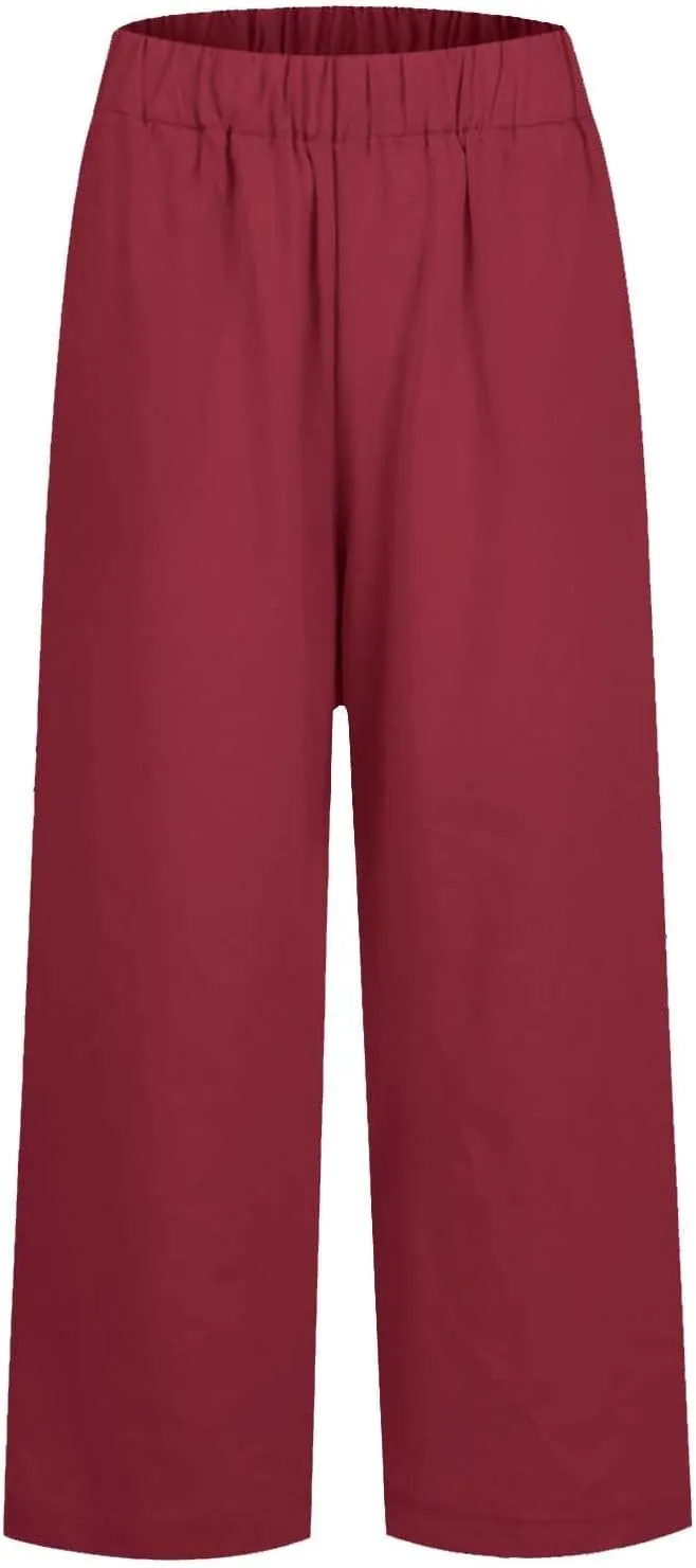 Cropped Linen Pants Women Summer Petite Plus Size Capri Pants Elastic Wide Leg Crop Pants Beach Trousers with Pockets
