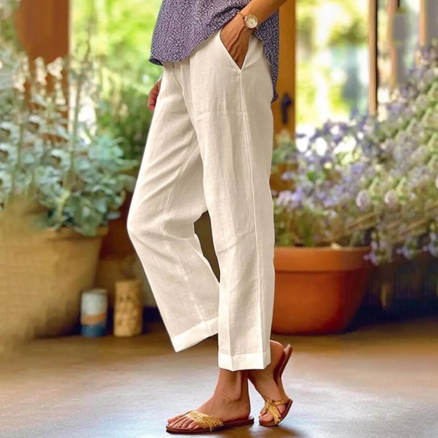 Cropped Linen Pants Women Summer Petite Plus Size Capri Pants Elastic Wide Leg Crop Pants Beach Trousers with Pockets