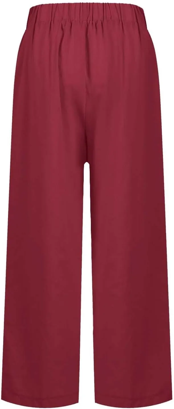 Cropped Linen Pants Women Summer Petite Plus Size Capri Pants Elastic Wide Leg Crop Pants Beach Trousers with Pockets