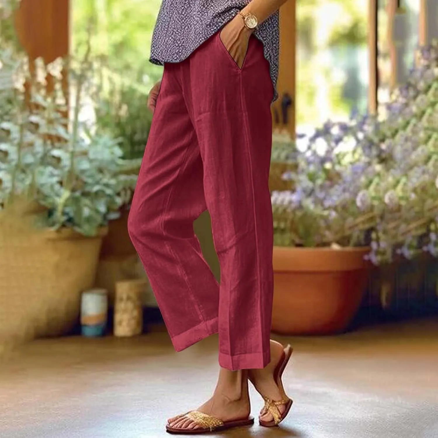 Cropped Linen Pants Women Summer Petite Plus Size Capri Pants Elastic Wide Leg Crop Pants Beach Trousers with Pockets
