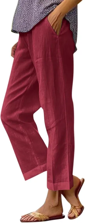 Cropped Linen Pants Women Summer Petite Plus Size Capri Pants Elastic Wide Leg Crop Pants Beach Trousers with Pockets