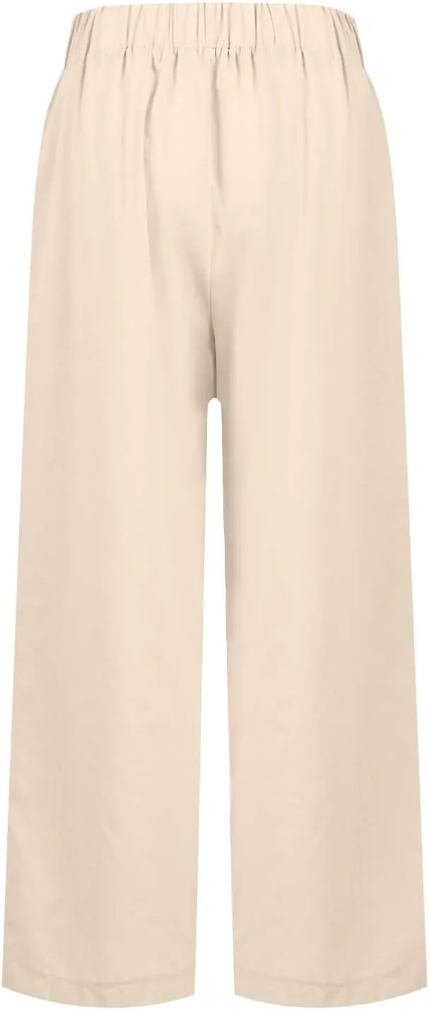Cropped Linen Pants Women Summer Petite Plus Size Capri Pants Elastic Wide Leg Crop Pants Beach Trousers with Pockets