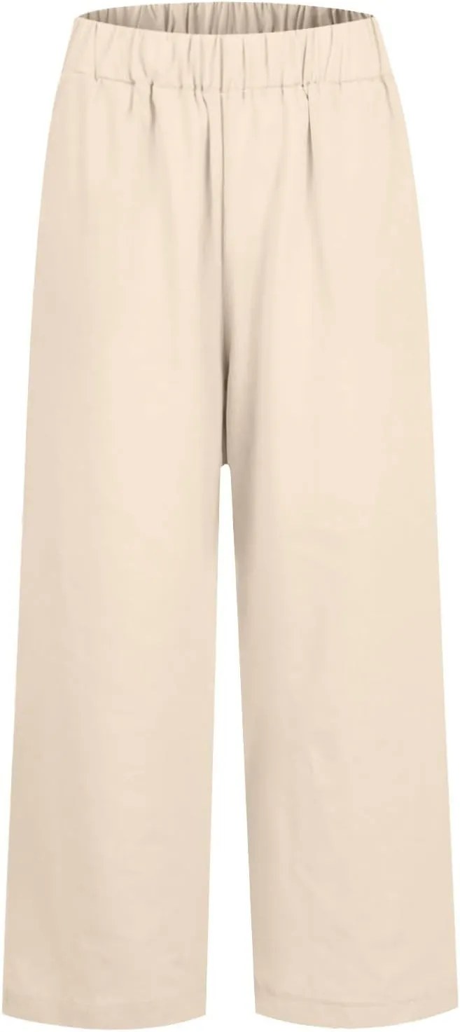 Cropped Linen Pants Women Summer Petite Plus Size Capri Pants Elastic Wide Leg Crop Pants Beach Trousers with Pockets