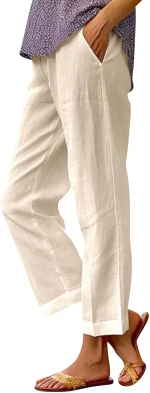 Cropped Linen Pants Women Summer Petite Plus Size Capri Pants Elastic Wide Leg Crop Pants Beach Trousers with Pockets