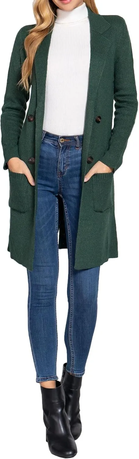 DAY VILLAGE Women's Casual Open Front Notched Collar Patch Pocket Longline Sweater Cardigan