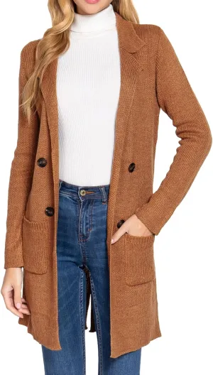 DAY VILLAGE Women's Casual Open Front Notched Collar Patch Pocket Longline Sweater Cardigan