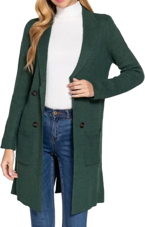 DAY VILLAGE Women's Casual Open Front Notched Collar Patch Pocket Longline Sweater Cardigan