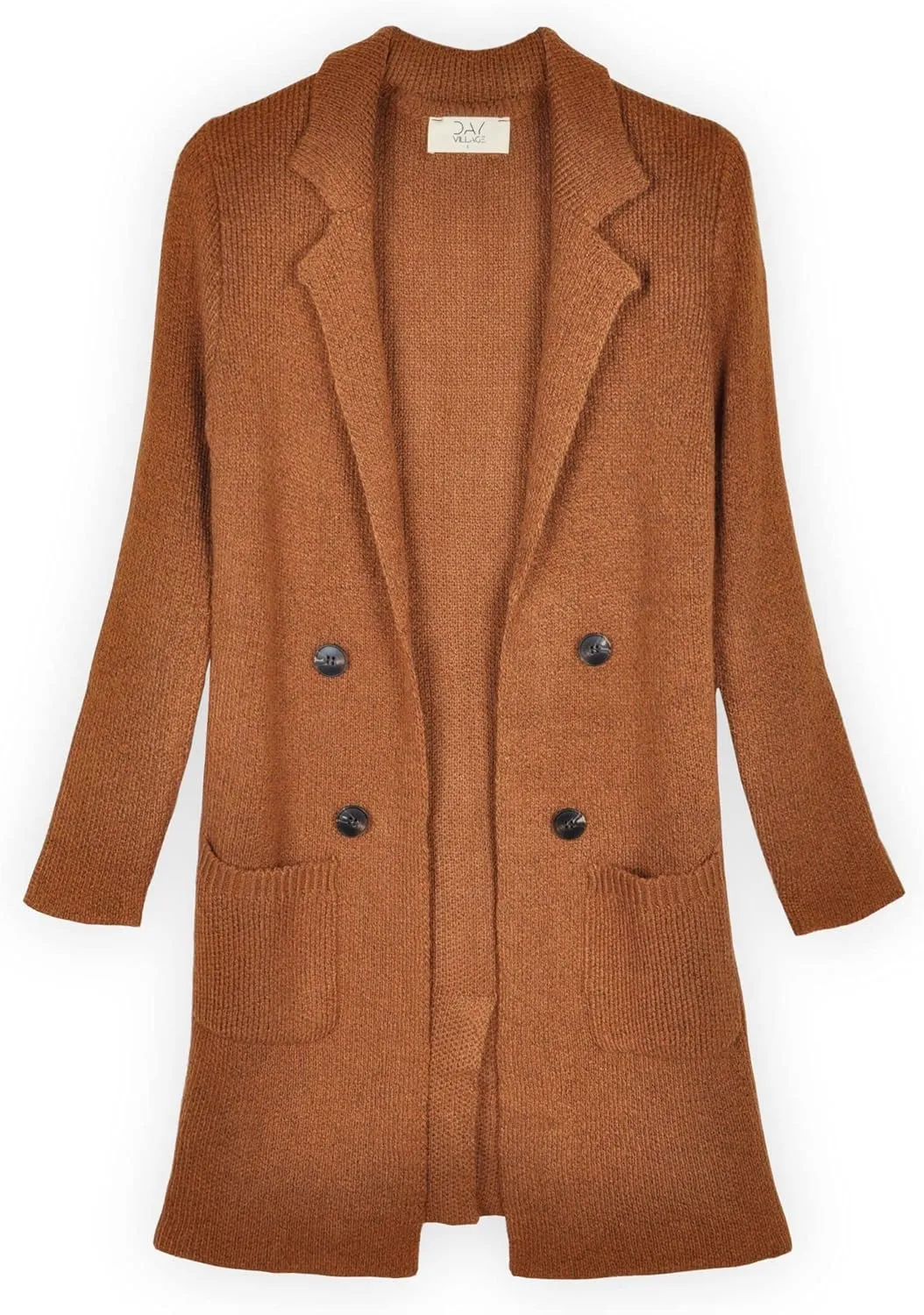 DAY VILLAGE Women's Casual Open Front Notched Collar Patch Pocket Longline Sweater Cardigan