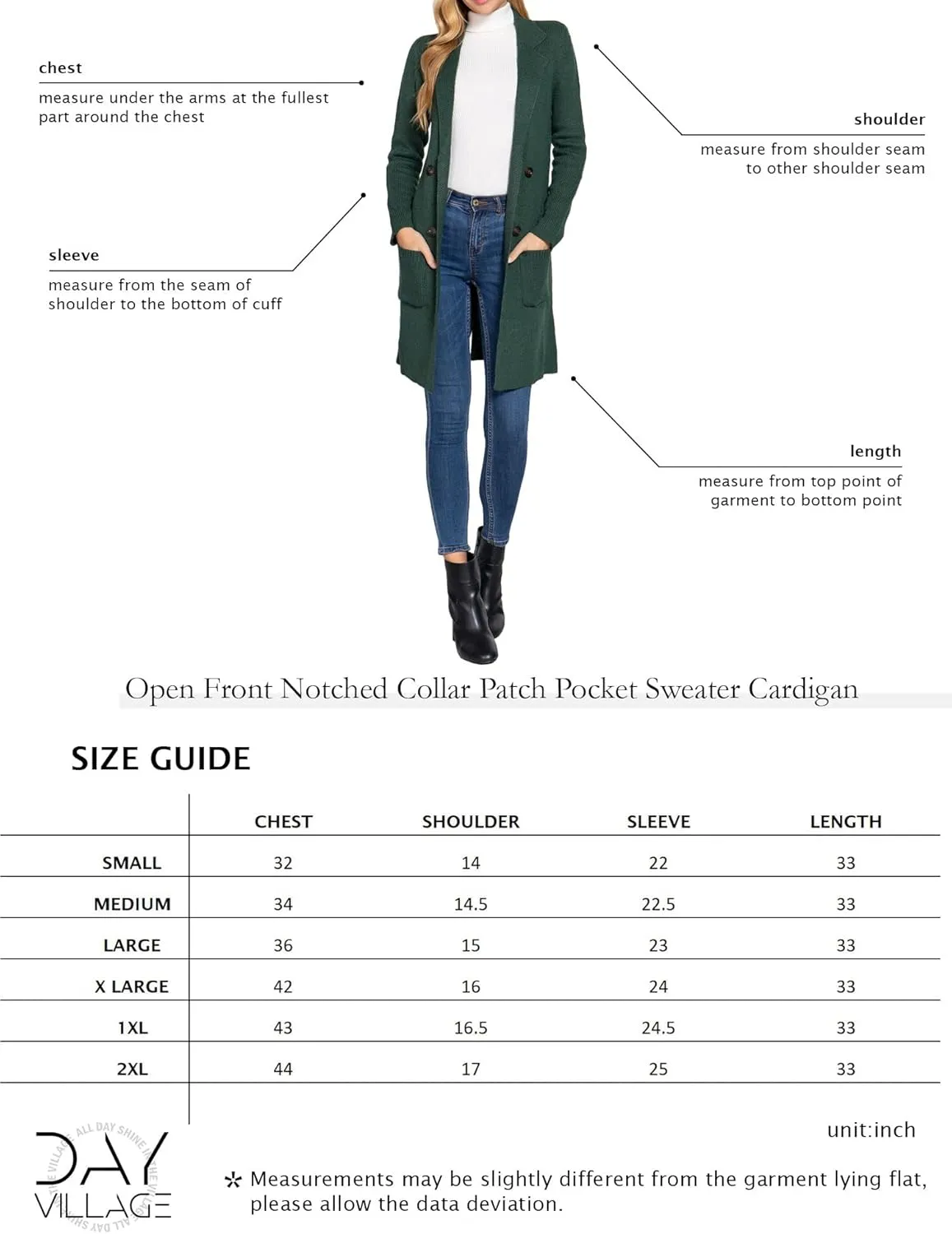 DAY VILLAGE Women's Casual Open Front Notched Collar Patch Pocket Longline Sweater Cardigan