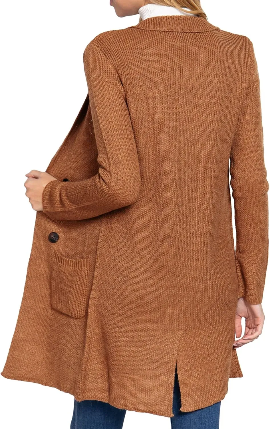 DAY VILLAGE Women's Casual Open Front Notched Collar Patch Pocket Longline Sweater Cardigan