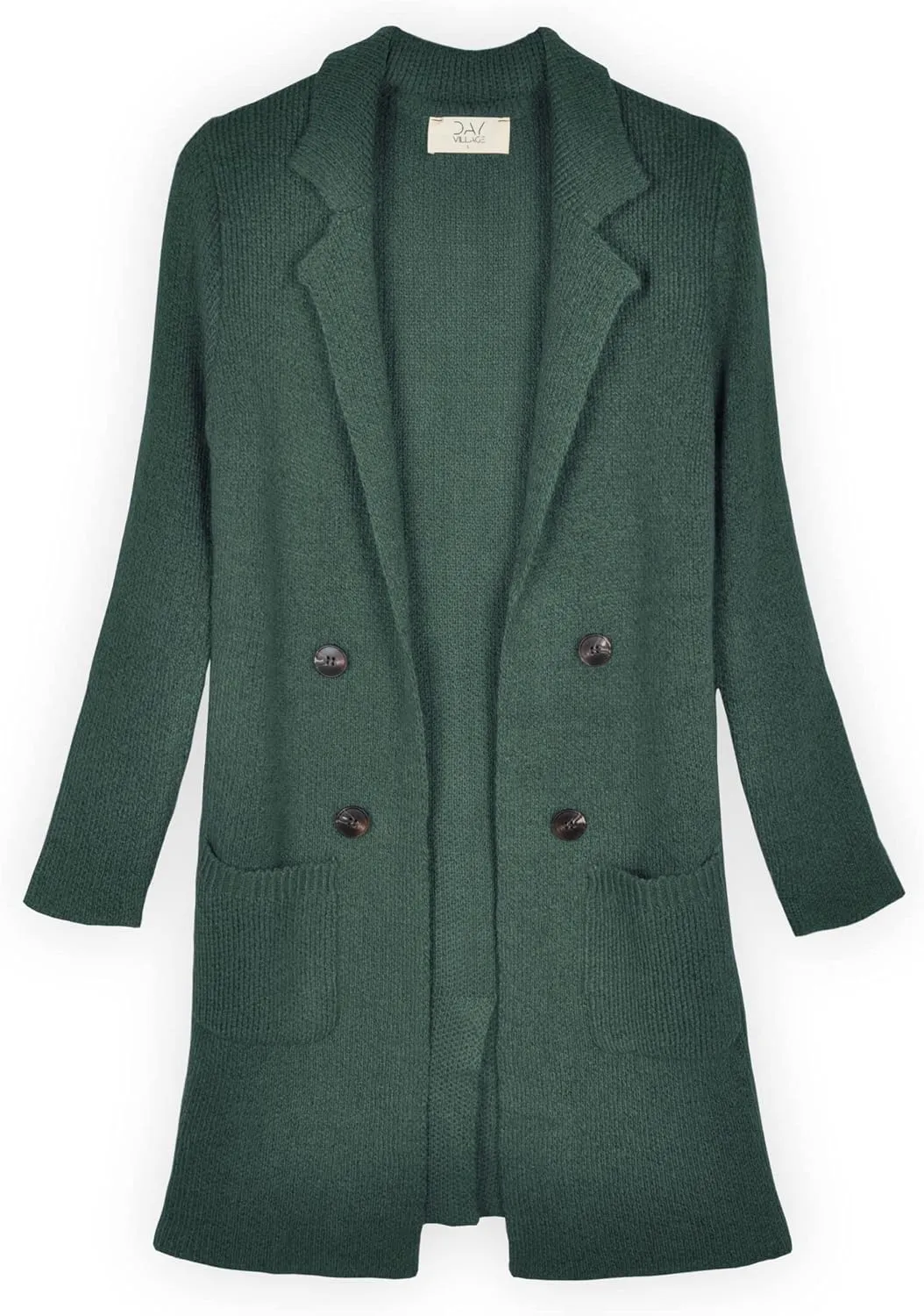 DAY VILLAGE Women's Casual Open Front Notched Collar Patch Pocket Longline Sweater Cardigan