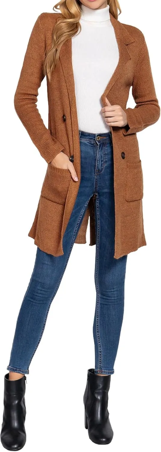 DAY VILLAGE Women's Casual Open Front Notched Collar Patch Pocket Longline Sweater Cardigan