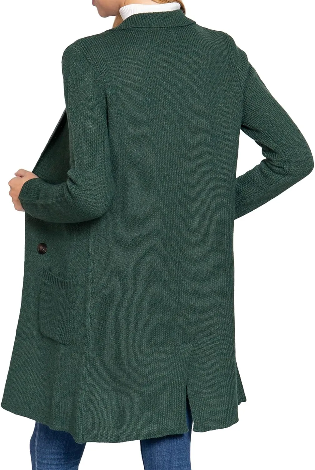 DAY VILLAGE Women's Casual Open Front Notched Collar Patch Pocket Longline Sweater Cardigan