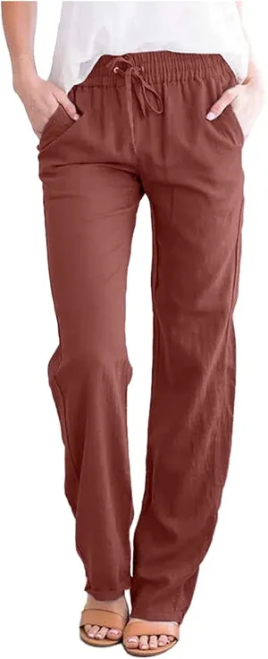 Deals of The Day Clearance Prime,Womens Casual Summer Pants 2024 Straight Leg Drawstring Elastic High Waist Cotton Linen Pants Loose Comfy Trousers