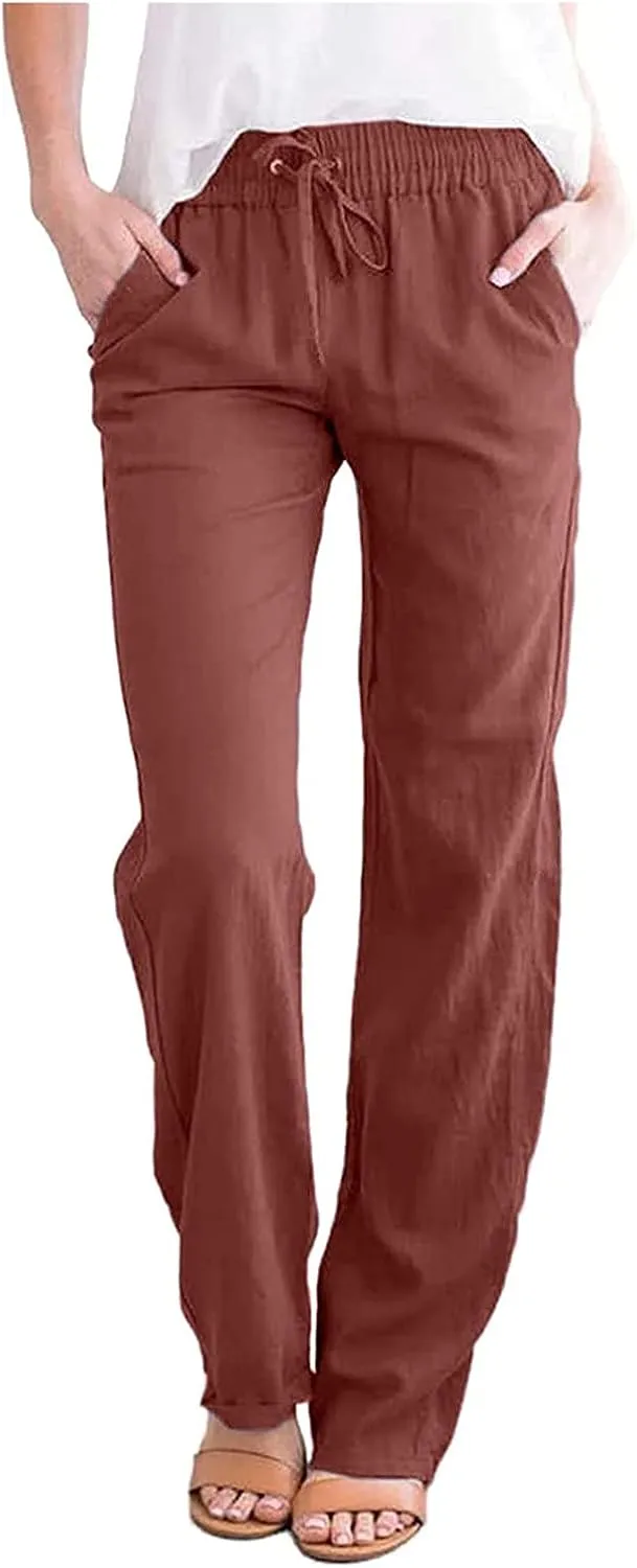 Deals of The Day Clearance Prime,Womens Casual Summer Pants 2024 Straight Leg Drawstring Elastic High Waist Cotton Linen Pants Loose Comfy Trousers