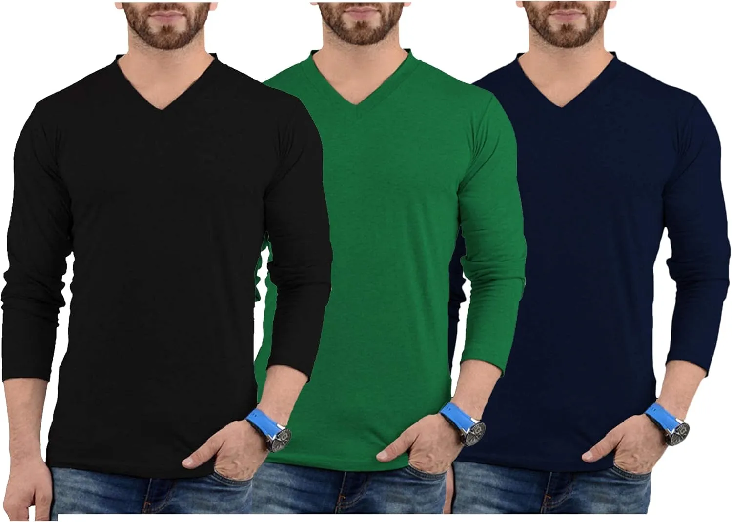 Decrum Long Sleeves Shirts for Men - Pack of 3 V-Neck Soft Breathable Full Sleeve T Shirt Mens Multipack