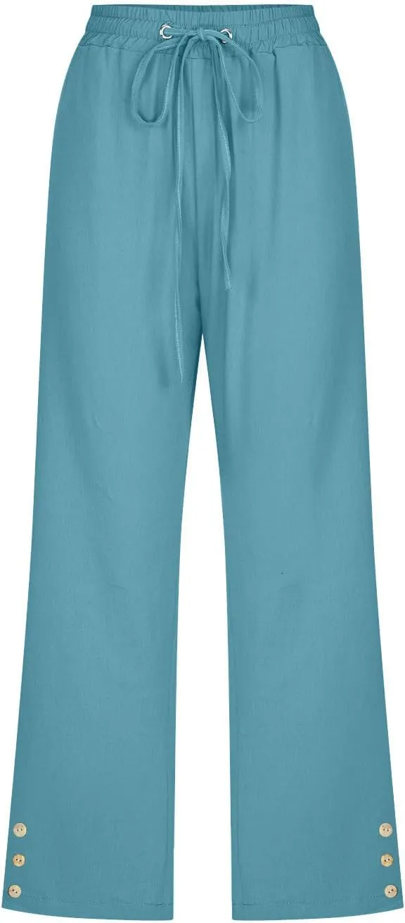 Drawstring Capris for Women Summer Wide Leg Ankle Pants Lightweight Cotton Linen Capri Pants Loose Cropped Trousers