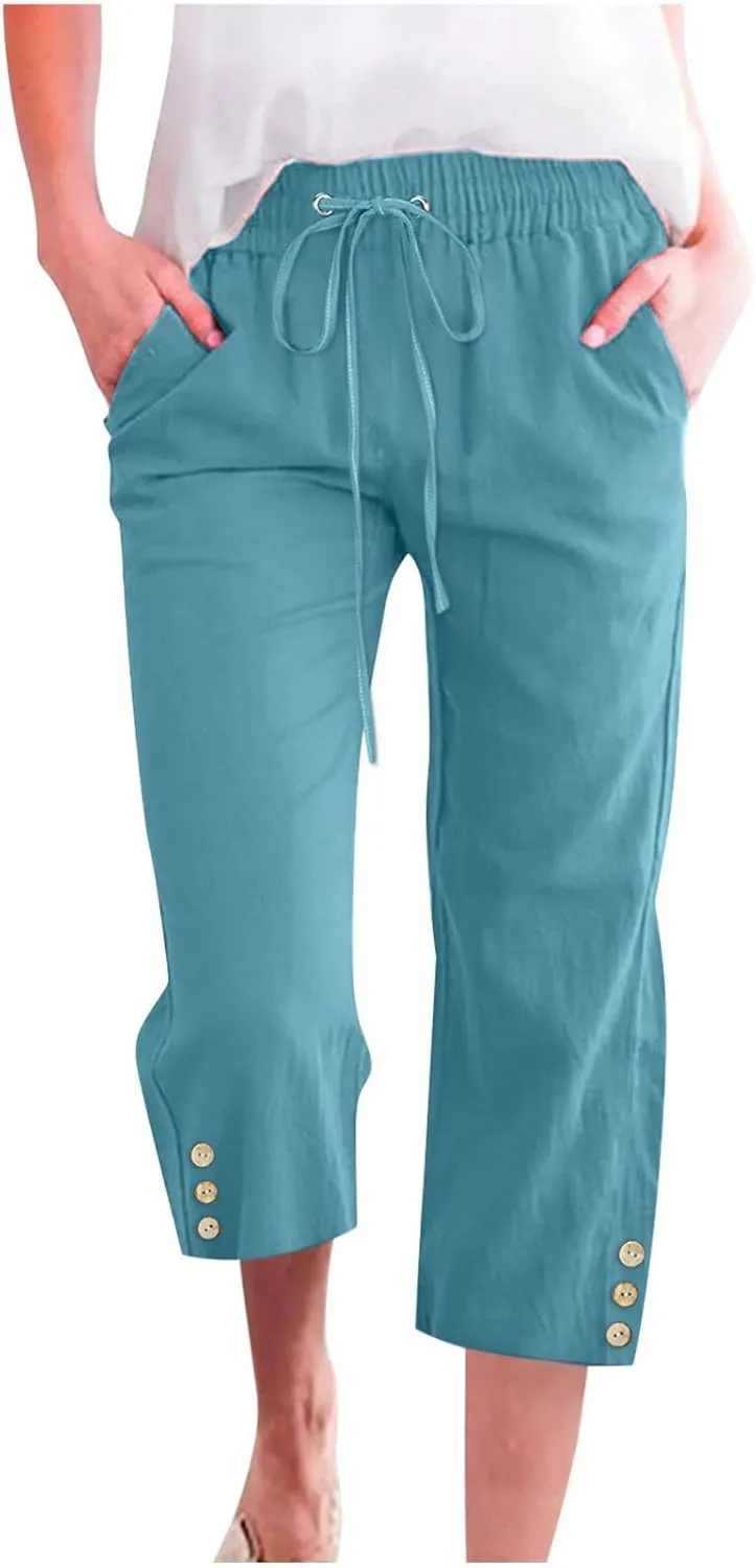 Drawstring Capris for Women Summer Wide Leg Ankle Pants Lightweight Cotton Linen Capri Pants Loose Cropped Trousers