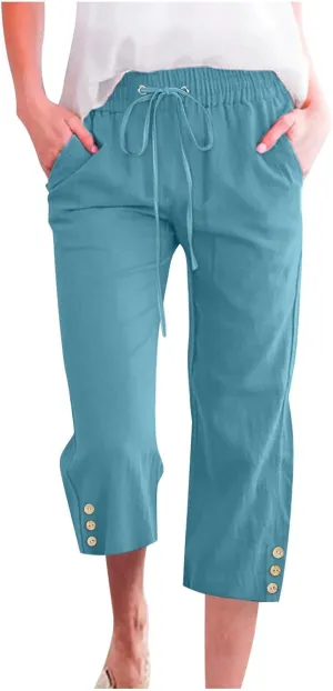 Drawstring Capris for Women Summer Wide Leg Ankle Pants Lightweight Cotton Linen Capri Pants Loose Cropped Trousers