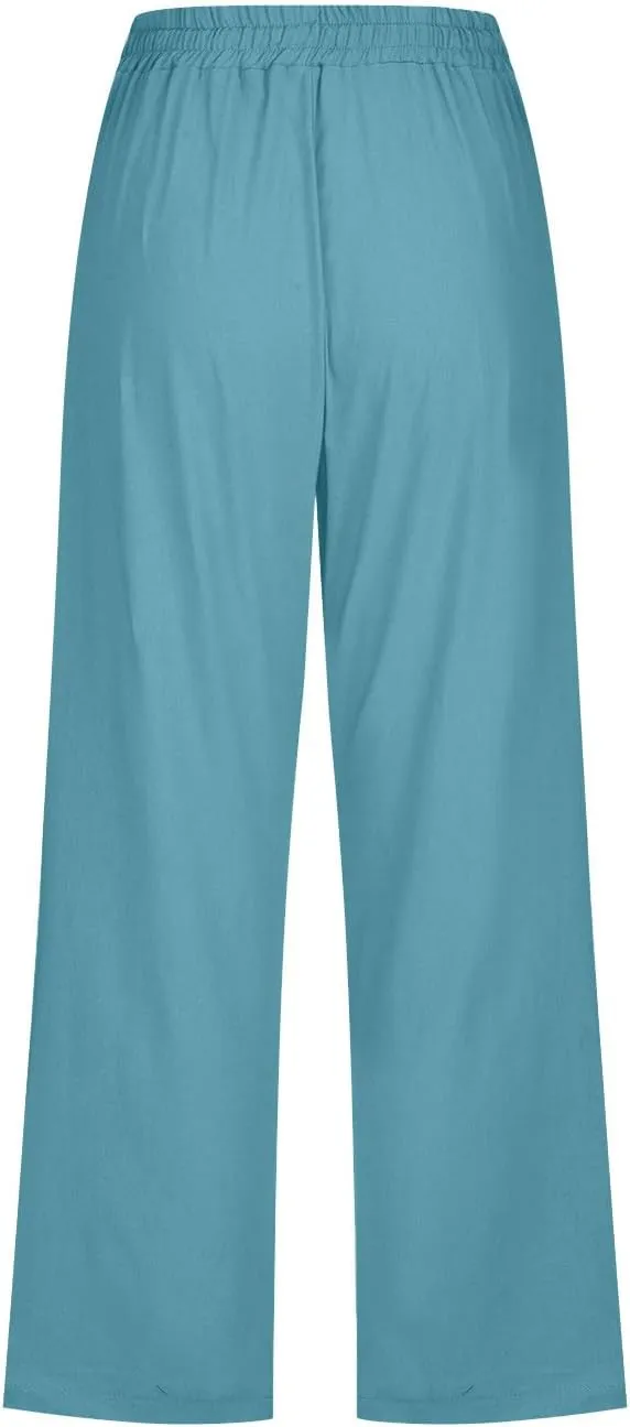 Drawstring Capris for Women Summer Wide Leg Ankle Pants Lightweight Cotton Linen Capri Pants Loose Cropped Trousers