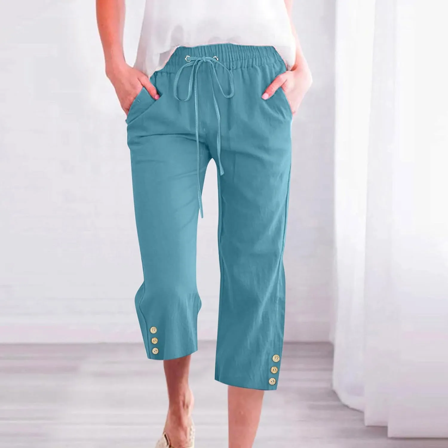 Drawstring Capris for Women Summer Wide Leg Ankle Pants Lightweight Cotton Linen Capri Pants Loose Cropped Trousers