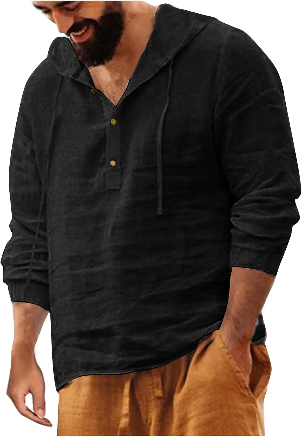 DuDubaby  Linen Shirts for Men Designer Casual Cotton Linen Solid Color Long SleeveHoodie Loose Stand Collar Hoodie