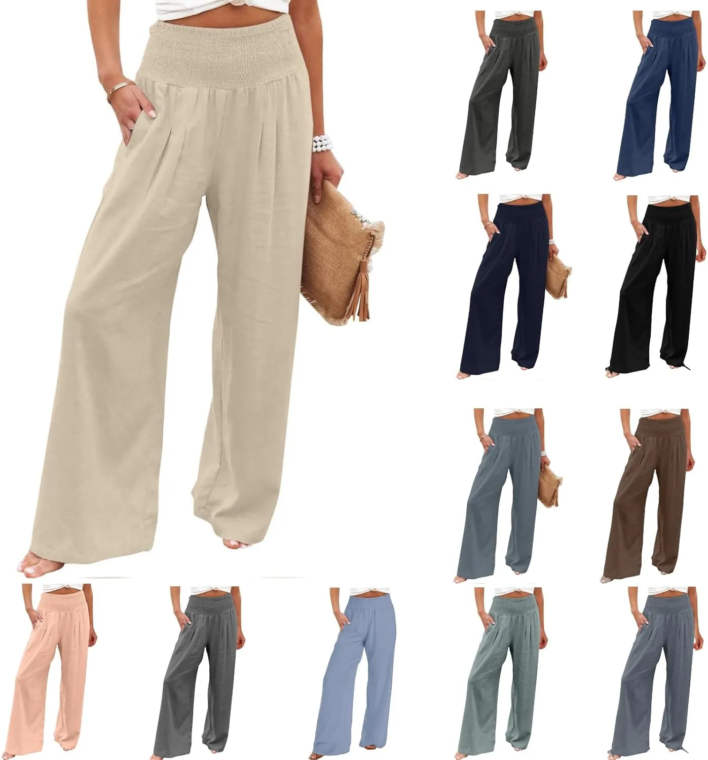 Elastic Waist Linen Pants for Women High Rise Yoga Pants Summer Casual Flowy Pants Loose Fit Lounge Pants with Pocket
