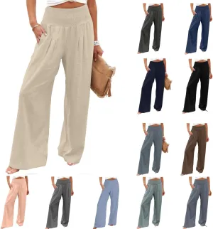 Elastic Waist Linen Pants for Women High Rise Yoga Pants Summer Casual Flowy Pants Loose Fit Lounge Pants with Pocket