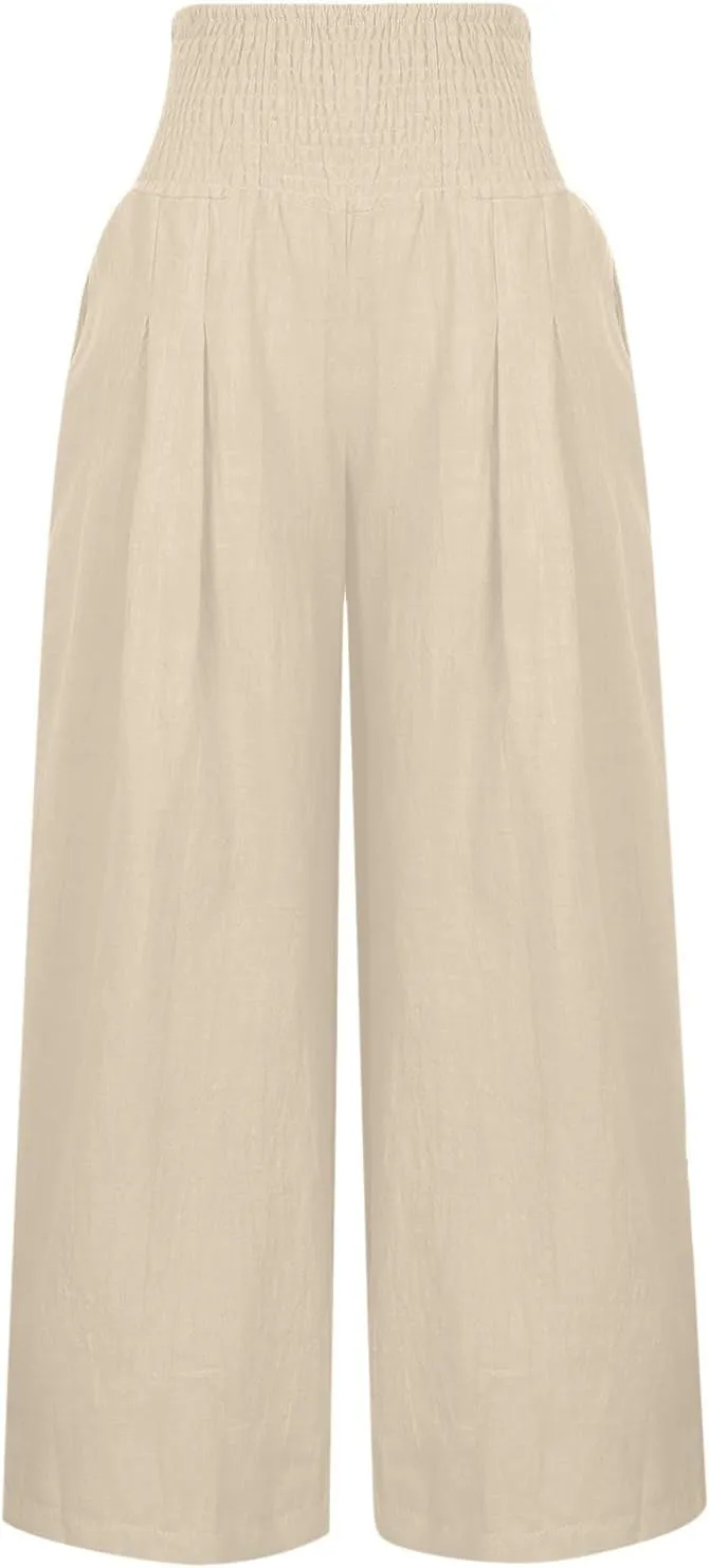 Elastic Waist Linen Pants for Women High Rise Yoga Pants Summer Casual Flowy Pants Loose Fit Lounge Pants with Pocket