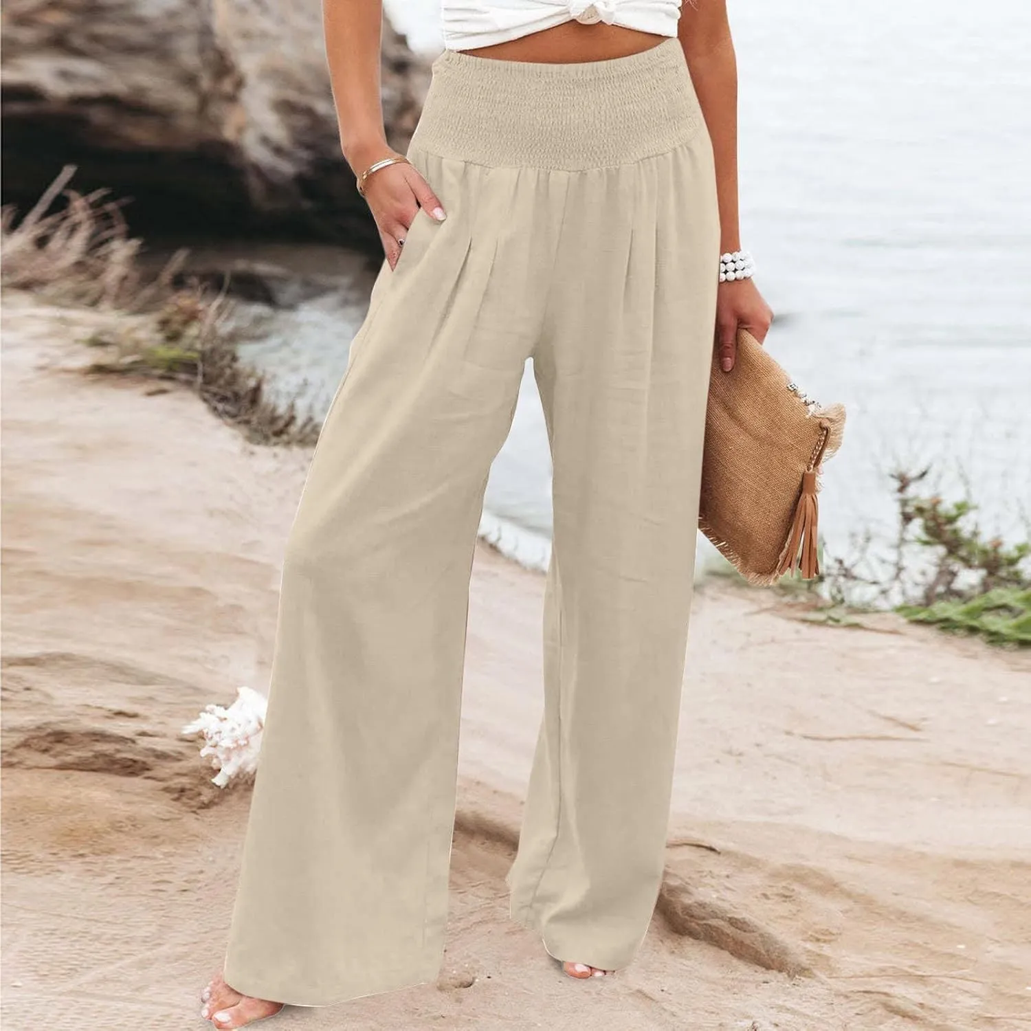 Elastic Waist Linen Pants for Women High Rise Yoga Pants Summer Casual Flowy Pants Loose Fit Lounge Pants with Pocket