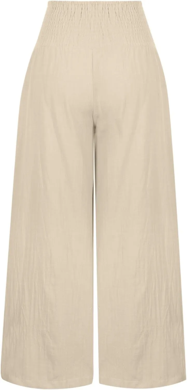 Elastic Waist Linen Pants for Women High Rise Yoga Pants Summer Casual Flowy Pants Loose Fit Lounge Pants with Pocket
