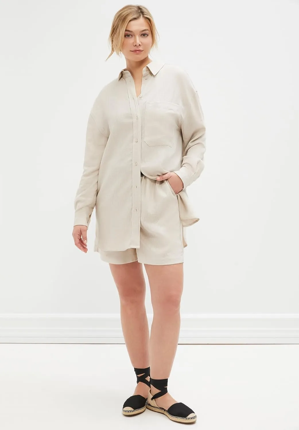 ellos Plus Size Linen-Blend Elastic Waist Shorts