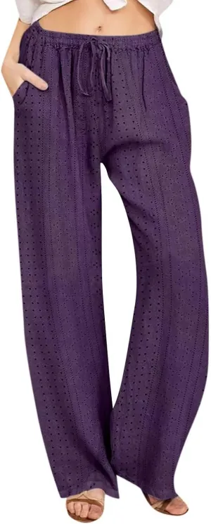 Eyelet Embroidered Pants for Women Wide Leg Casual Summer Pant Drawstring Elastic Waist Palazzo Lounge Trousers