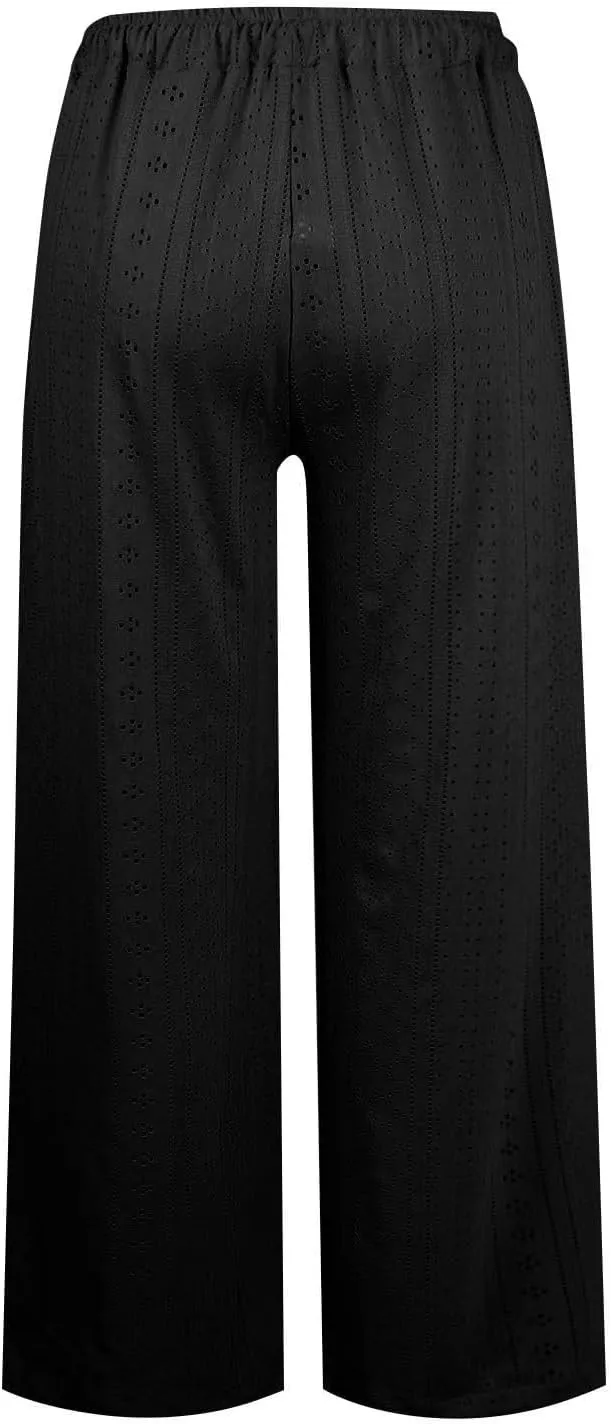 Eyelet Embroidered Pants for Women Wide Leg Casual Summer Pant Drawstring Elastic Waist Palazzo Lounge Trousers