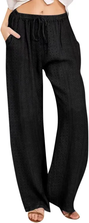 Eyelet Embroidered Pants for Women Wide Leg Casual Summer Pant Drawstring Elastic Waist Palazzo Lounge Trousers